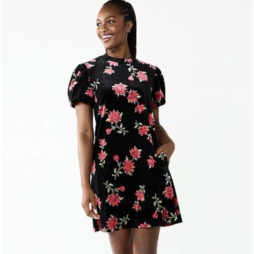 Draper James Black Velvet Dress with Red Floral Design Medium NWOT